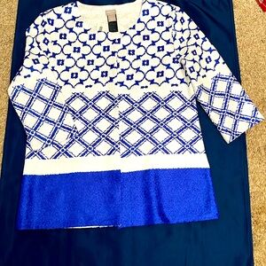 Chico’s blue and white 3/4 sleeve jacket. NWT